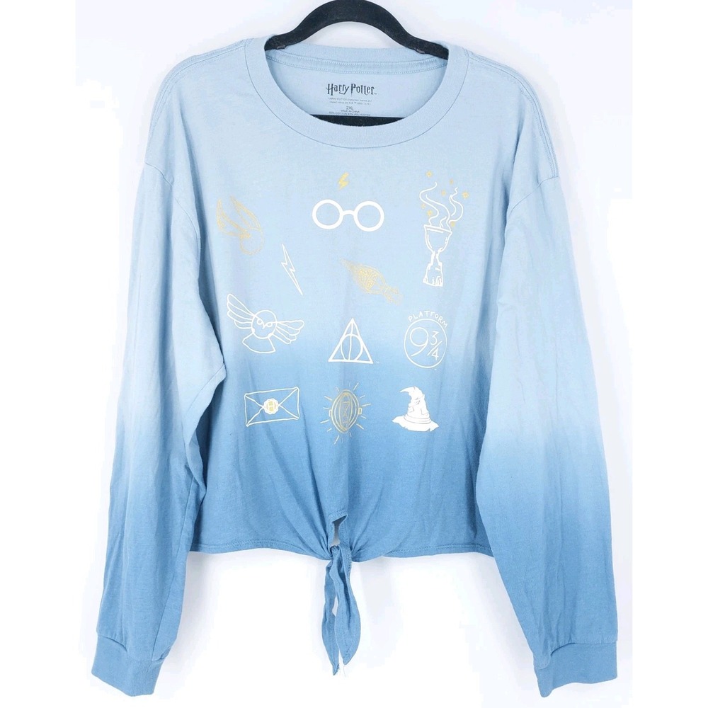 Harry Potter Blue Ombre Crop Tshirt Wms 2XL Long Sleeve Tie Front Hem Graphic